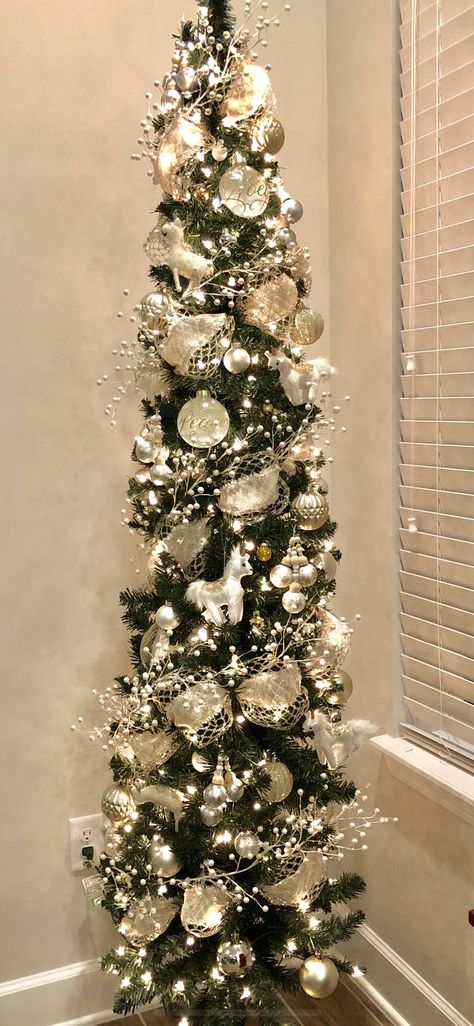 2018: Tree #2 Christmas Trees Slim, Elegant Pencil Christmas Tree, Pencil Xmas Tree Decor, Tree On Table Christmas, Pencil Tree Ideas Christmas, Pencil Christmas Tree Themes, Christmas Tree Ideas Pencil Tree, Slim Flocked Tree Decorating Ideas, Slim Tree Decor