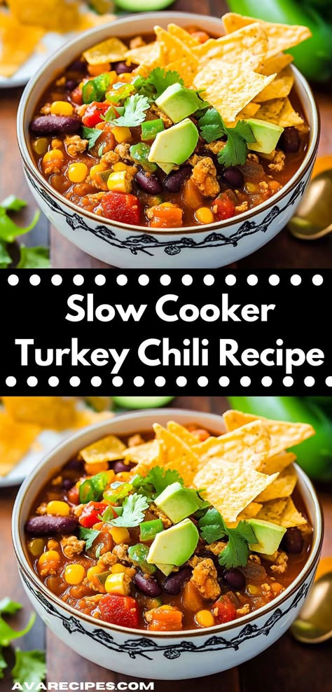 Looking for slow cooker recipes? Try this Slow Cooker Turkey Chili! A flavorful chili recipe easy to make, perfect for slow cooker meals, dinner ideas, and ideal for dinner recipes for family or dinner for two. Crockpot Turkey Chilli, Slow Cooker Turkey Chili Recipe, Healthy Crockpot Dinners, Turkey Chili Recipe Crockpot, Cold Weather Meals, Slow Cooker Scalloped Potatoes, Turkey Chili Crockpot, Crockpot Foods, Family Dinner Menu