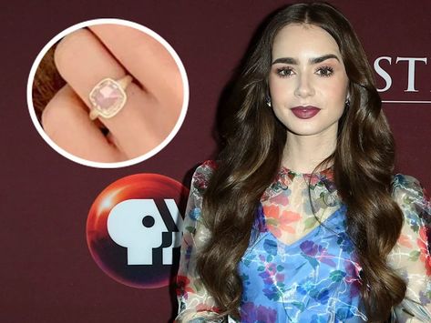 26 of the most unique engagement rings celebrities have worn Engagement Ring Lilly Collins, Lily Collins Engagement Ring, Engagement Rings Celebrity, Engagement Rings Celebrities, Celebrity Wedding Rings, Celebrity Rings, Rebecca Romijn, Pink Engagement Ring, Colored Engagement Rings