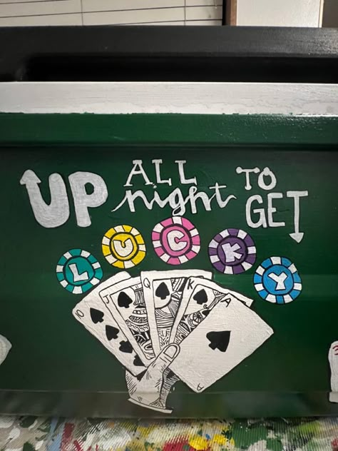 Frat cooler poker themed #fratcooler #cooler #fraternity #poker #painting Casino Frat Cooler, Frat Cooler Painting Ideas, Chug Jug Ideas College, Painting Cooler Ideas, Poker Painting Ideas, Golf Frat Cooler, Poker Frat Cooler, Vegas Cooler Fraternity, Vegas Frat Cooler