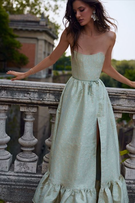 V. Chapman Charlotte Dress in Sage Duchess Floral Formal Wedding Guest Dress, Strapless Green Prom Dress, Simple Beautiful Wedding Dresses, Sage Green Dresses Formal, Sage Floral Bridesmaid Dresses, Sage Green Gown, Sage Gown, Bridesmaids Green, Cream Bridesmaid Dresses