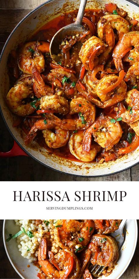 Harissa Shrimp - Serving Dumplings Harissa Shrimp Scampi Food Network, Harissa Shrimp Scampi, Shrimp Fall Recipes, Quick Seafood Dinner, Harissa Fish Recipe, Harissa Shrimp Recipe, Moroccan Shrimp Recipes, Shrimp Thanksgiving Recipes, Grilled Shrimp Recipes For Dinner