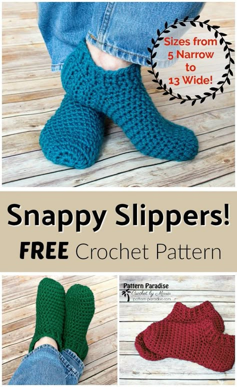 Free Crochet Pattern: Snappy Slippers | Pattern Paradise Crochet Slipper Boots, Crochet Slippers Free, Crocheted Slippers, Easy Crochet Slippers, Slippers Free Pattern, Crochet Socks Pattern, Slipper Pattern, Crochet Slippers Free Pattern, Crochet Slipper