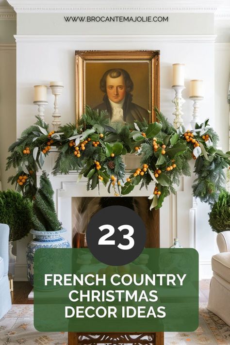 French country Christmas decor: 23 simple and elegant ideas - Brocante Ma Jolie Simple Elegant Christmas Decor Ideas, Christmas Decor 2024 Ideas, Christmas Mantle Wreath, Country Christmas Decor Ideas, Christmas Tree In Urn, Magnolia Christmas Decor, French Christmas Tree, French Country Cottage Christmas, French Country Crafts