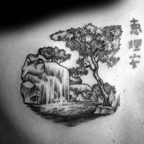 Detailed Black And Grey Japanese Guys Waterfall Back Tattoo Land Scape Tattoo, Waterfall Mountain Tattoo, Japanese River Tattoo, Japanese Tattoos Love, Japanese Waterfall Tattoo, River Tattoo Ideas, Waterfall Tattoos, Waterfall Tattoo, River Tattoo