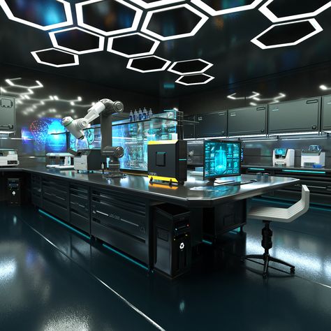 Laboratories Design Interior, Science Fiction Interior Design, Scifi Research Facility, Sci Fi University, Sci Fi Computer Room, Cyberpunk Laboratory Concept Art, Sci Fi Themed Room, Tech Building Design, Sci Fi Room Design