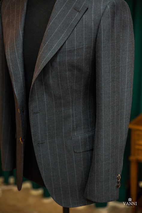 VANNI — Grey stripe suit Dugdale bros Wedding Suits Ideas, Suits Ideas, Grey Pinstripe Suit, Stripe Suit, Dark Suit, Classy Suits, Men In Suits, Bespoke Suit, Grey Flannel