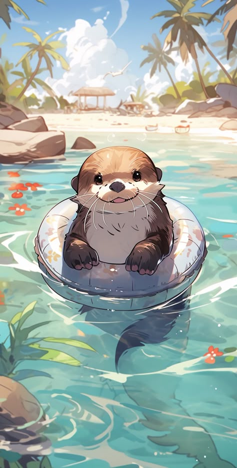 Cute Otter Wallpaper Iphone, Wallpaper Animals Cute, Otter Drawing, Otter Illustration, Otter Art, Wallpaper Animals, 동화 삽화, Cute Animal Drawings Kawaii, Lock Screens