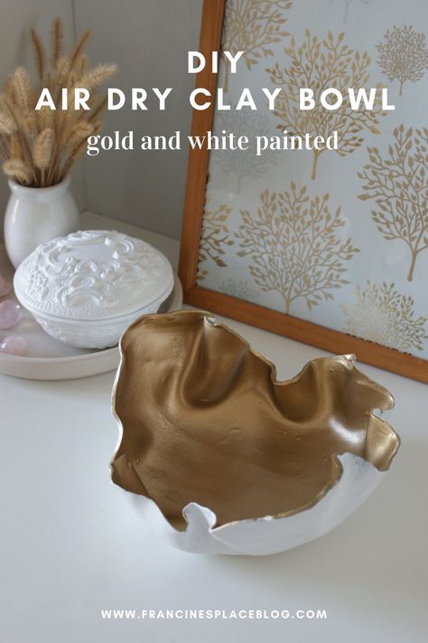 Air Clay Bowl Diy, Air Dry Clay Bowls Diy, Air Dry Clay Home Decor, Air Dry Clay Bowl, Furniture On A Budget, Clay Bowls, Painted Bowl, Gold Acrylic Paint, Diy Bowl