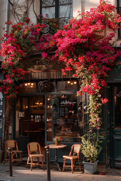 Charming Parisian café with pink bougainvillea, outdoor seating on cobblestone street, perfect for coffee break Parisian Coffee Shop Aesthetic, Outdoor French Cafe, Paris Coffee Shop Aesthetic, French Cafe Exterior, Parisian Cafe Interior, French Cafe Aesthetic, Coffee Shop Paris, Parisian Coffee Shop, Places Background