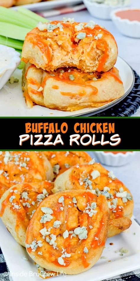 Buffalo Chicken Pizza Rolls - these easy pizza rolls are stuffed with your favorite buffalo chicken dip. Make this easy recipe for game day or football parties. Easy Pizza Rolls, Buffalo Chicken Appetizers, Pizza Rolls Recipe, Gameday Appetizers, Buffalo Chicken Rolls, Weekend Snacks, Pizza Roll Recipe, Pizza Easy, Buffalo Chicken Dip Easy