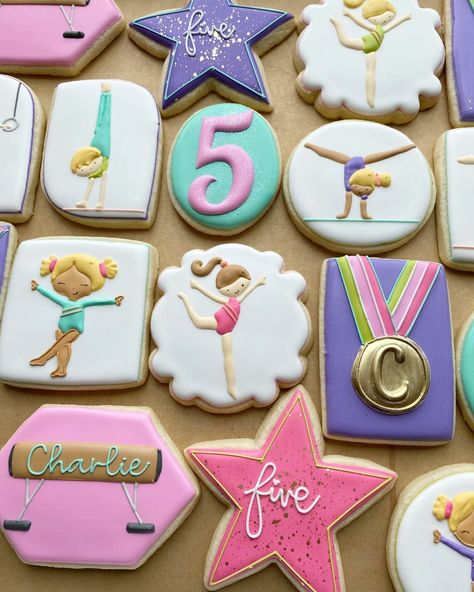 Frozen Gymnastics Birthday Party, Tumbling Theme Birthday Party, Gymnastics Bday Party Ideas, Tumbling Into Two Birthday, Gymnastics Party Food Ideas, Gymnastics 3rd Birthday Party, Gymnastics Party Theme, Princess Gymnastics Party, Gymnastics Birthday Cookies