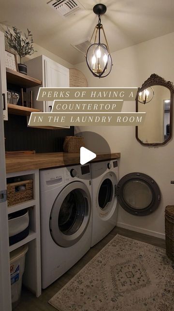 Hi, we're Cody & Nikki | DIY + Design on Instagram: "Having a countertop in our laundry room is one of the best DIYs we have done to this day. Here is our takeaway 👇  1️⃣ Additional Workspace: provides extra space for folding, sorting, and organizing laundry. This can be especially useful if you have a large family or do laundry frequently.  2️⃣ Concealed Appliances: place your washer and dryer under the countertop, hiding them from view. This not only improves the room's aesthetics but also reduces noise and vibration.  3️⃣ Storage: install cabinets or shelves underneath the countertop to store laundry detergents, cleaning supplies, and other essentials neatly, keeping them within easy reach.  4️⃣ Multi-Purpose Use: it can double as a crafting area, sewing station, or even a spot for pot Washer And Dryer Countertop, Laundry Folding Station, Washer Dryer Countertop, Install Cabinets, Concealed Laundry, Crafting Area, Organizing Laundry, Sewing Station, Closet Renovation