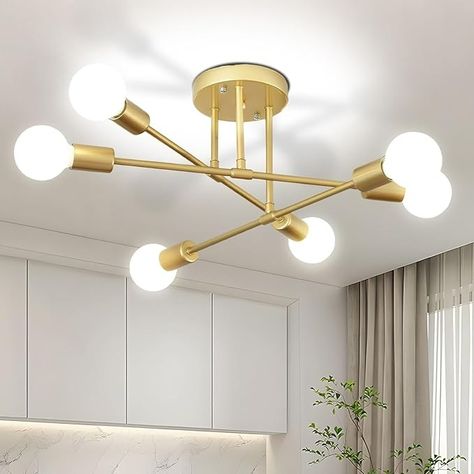 SPOLI Ceiling Light Modern Flush Mount LED Ceiling Light Fixture 6-Light Gold Chandeliers Ceiling Lamp for Living Room Dining Room Bedroom Kitchen Hallway Porch Attic Corridor Staircase - Amazon.com Minimalist Ceiling Light, Sputnik Lamp, Modern Ceiling Lights, Lamp Posts, Dining Room Ceiling, Spot Lights, Sputnik Chandelier, Modern Light Fixtures, Ceiling Chandelier