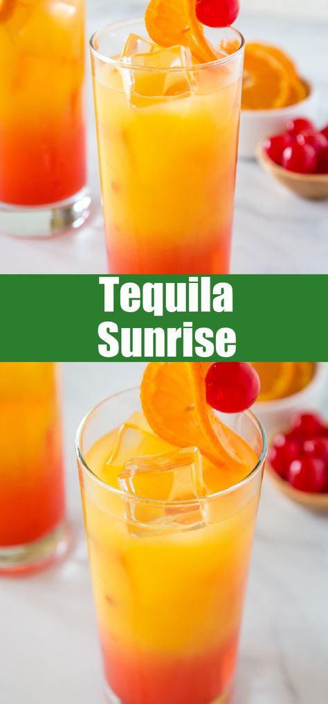 Tequila Sunrise Recipe - A cool and refreshing cocktail with orange juice, grenadine and tequila.  Perfect for all of your get togethers! Jungle Juice With Tequila, Tequila Slush Recipe, Drinks With Tequila, Yellow Cocktails, Cocktails With Tequila, Grenadine Recipe, Tequila Sunrise Recipe, Vacation Drinks, Tequila Drinks Recipes