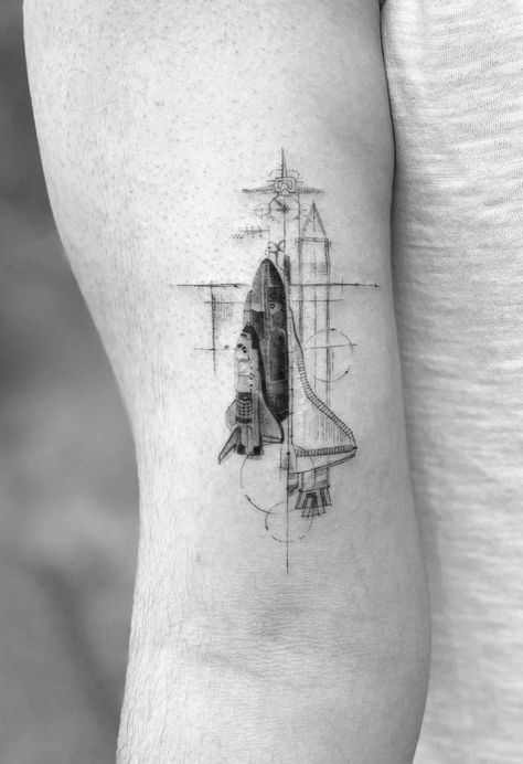 Space Shuttle Tattoo, Realism Sleeve Tattoo, Turkish Tattoo, Spaceship Tattoo, Tattoos 2022, Tech Tattoo, Airplane Tattoo, Rocket Tattoo, Astronaut Tattoo