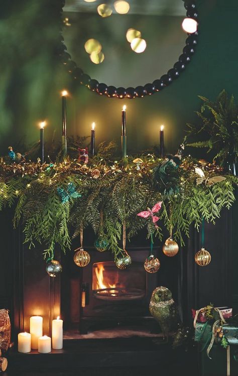 Christmas mantelpiece decoration ideas | John Lewis & Partners Christmas Mantelpiece, Big Lantern, John Lewis Christmas, Christmas Foliage, Tree Inspiration, Tall Candlesticks, Christmas Week, Christmas Mantle Decor, Chimney Breast