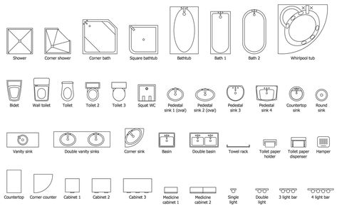 Basic Floor Plans, Bathroom Symbols, Squat Toilet, Freestanding Sink, Bathroom Floor Plan, Square Bathtub, Toilet Plan, Bathroom Drawing, Floor Plan Symbols