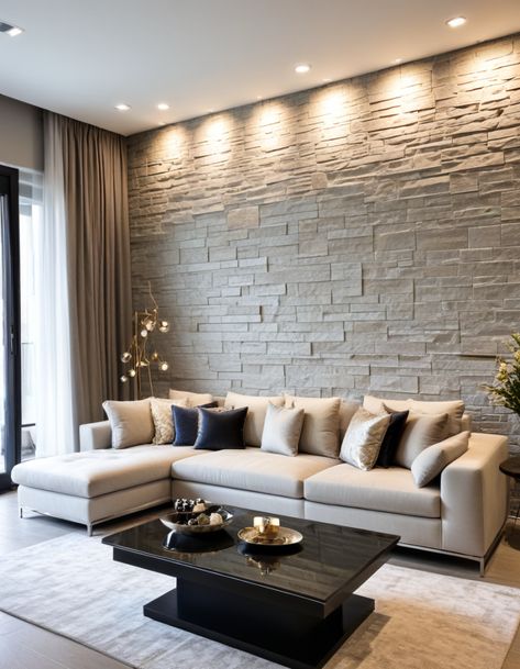 47 Unique Accent Wall Ideas To Elevate Your Living Room Design Stone Wall Tv, Unique Accent Wall Ideas, Stone Wall Living Room, Unique Accent Wall, Tv Living Room, Reclaimed Wood Accent Wall, Tile Accent Wall, Brick Accent Walls, Tv Walls