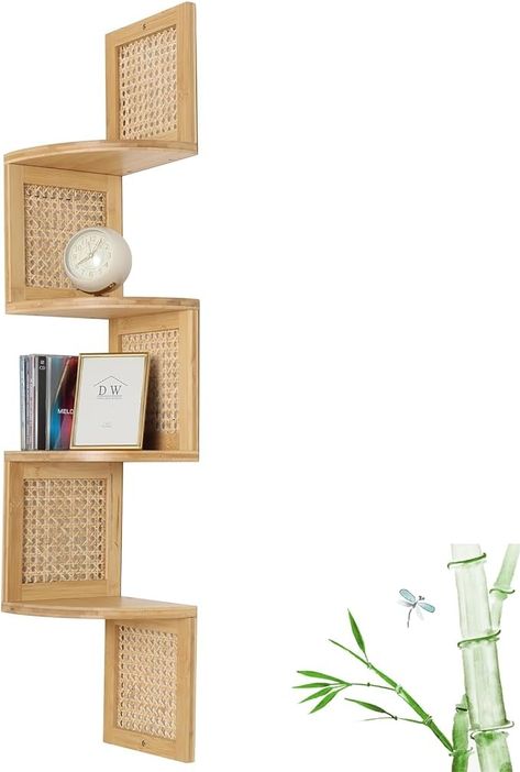 Amazon.com: FamilleElement Bamboo 4-Tier Corner Shelf Natural Rattan Floating Corner Shelves Wall Mount Shelves for Living Rooms, Bedroom, Office (02-Bamboo) : Home & Kitchen Coener Shelf, Rattan Corner Shelf, Vision Board Bedroom, Rattan Shelves, Bamboo Shelves, Wall Mount Shelves, Green Room Decor, African Interior Design, Floating Corner Shelves