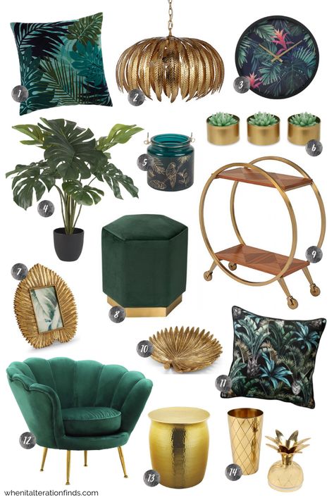 Green and gold living room | Tropical velvet luxury home decor ideas | When It Alteration Finds Tropical Velvet Luxe, Green And Gold Living Room, Living Room Tropical, Tropical Velvet, Look Tropical, Tropical Luxury, Gold Living, Gold Furniture, Gold Living Room