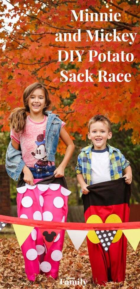 Disney Games for Kids Outdoors - MickeyBlog.com Disney Games For Kids, Potato Sack Race, Potato Sack Races, Homemade Carnival Games, Relay Games, Disney Camping, Disney Activities, Group Games For Kids, Sack Race