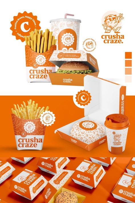 Crusha Craze Logo and Branding #eat #peruvian #etiqueta💤 Food Branding Identity, Branding Character Design, Food Business Branding, Blue And Orange Brand Identity, Street Food Logo Design Ideas, Retro Food Branding, Pasta Restaurant Logo, Food Pattern Design, Branding Design Logo Food