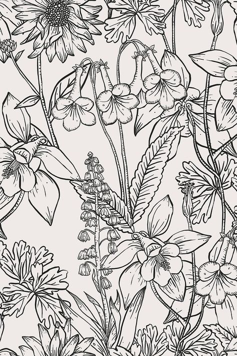 Aesthetic flower line art background | Free Photo Illustration - rawpixel Floral Illustrations Black And White, Flower Sketch Aesthetic, Outline Aesthetic, Line Art Background, Vintage Line Art, Vintage Flower Backgrounds, Blossoming Flower, Wildflower Drawing, Flower Line Art