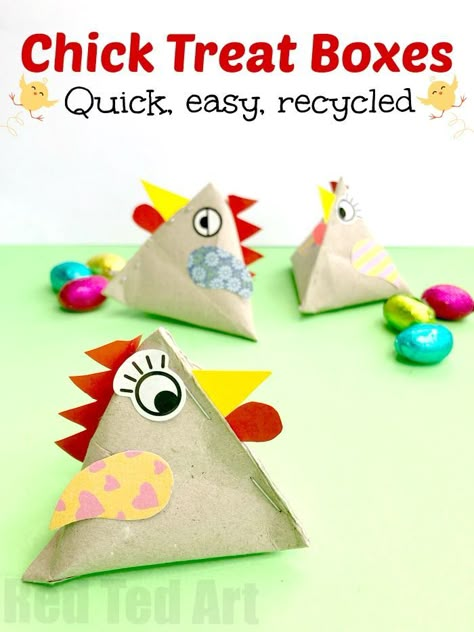 Toilet Paper Roll Chicken Box - super cute & EASY Chick Treat Boxes from Cardboard Tubes, fill with chocolate eggs or other treats and give to friends, family and classmates #easter #chick  #classroom #toiletpaperroll #cardboardtube Easter Chick Craft, Chicken Boxes, Red Ted Art, Easter Gift Boxes, Arts And Crafts For Teens, Chicken Crafts, Easter Egg Crafts, Easter Chick, Toilet Paper Rolls