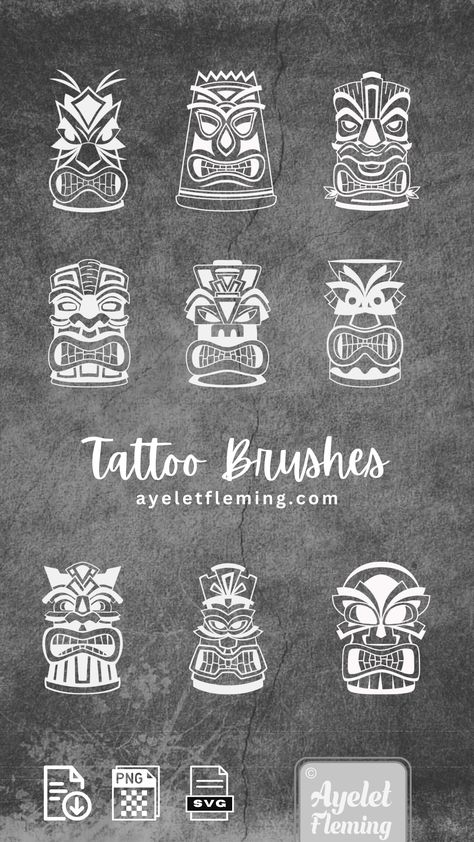 Hawaiian tattoo flash sheet procreate brushes - Custom tattoo design photoshop brushes - Create tiki luau tattoos for Hawaiian tattoo artist Small Tiki Tattoo, Tiki Tattoo Hawaiian, Tiki Tattoo, Hawaiian Travel, Polynesian Tattoo Designs, Hawaiian Tattoo, Flash Sheet, Tattoo Flash Sheet, Design Photoshop