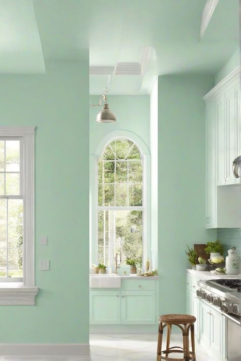 home decor interior design, interior bedroom design, living room interior, designer wall paint Mint Green Sherwin Williams, Sherwin Williams Mint Condition, Mint Condition Sherwin Williams, Mint Green Kitchen Walls, Mint Green Paint Walls, Mint Colour Palette, Mint Green Paints, Mint Green Kitchen, Green Kitchen Walls