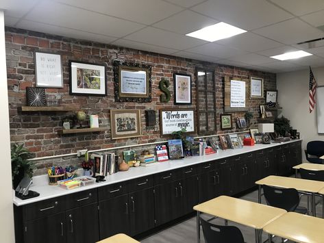 Dark Acadamia Classroom, Brick Bulletin Board Ideas, Brick Bulletin Board Classroom, Brick Wall Classroom Decor, Dark Academia Aesthetic Classroom, Brick Classroom Decor, Academia Classroom Aesthetic, Moody Classroom Decor, Moody Classroom