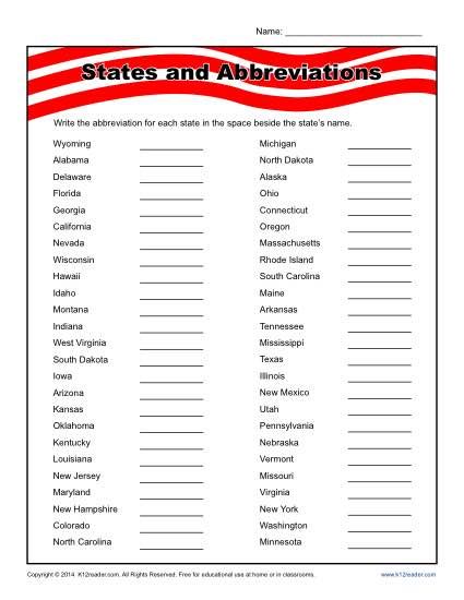 States and Abbreviation Printable Worksheet for Students Abbreviations Worksheet, State Capitals Quiz, Punctuation Worksheets, State Abbreviations, Geography Worksheets, States And Capitals, Matching Worksheets, Spelling Worksheets, Have Fun Teaching