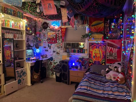 Cool Stuff For Bedrooms, Loud Room Decor, Garage Room Aesthetic, Cozy Gamer Room Aesthetic, Adventure Time Themed Room, Dream Core Bedroom, Weird Core Room Decor, Maxamalist Bedroom, Dark Neon Room