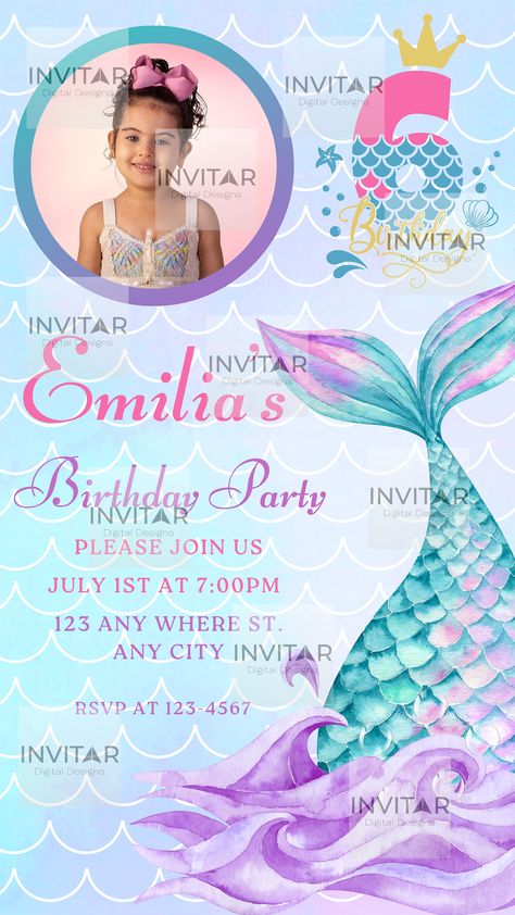 Mermaid Birthday Party Invitation With Photo. Editable template with Canva or have us help you edit. Invitation comes in 2 sizes, 5"x7" and 1080x1920. Perfect for printing or sharing digitally. Mermaid Birthday Party Invitations, Birthday Invitation With Photo, Invitation With Photo, Mermaid Invitations, Mermaid Birthday Invitations, Mermaid Theme, Birthday Invitation Template, Birthday Board, Mermaid Birthday Party