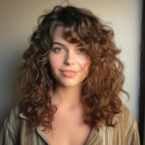 Curly Long Bangs Hairstyles, Side Sweep Bangs Curly Hair, Curls Bangs Long Hair, Side Curly Bangs, Long Wavy Hair With Side Bangs, Curly Hair With Side Swept Bangs, Side Fringe Curly Hair, Curly Hair Side Part Bangs, Wavy Hairstyles Side Part