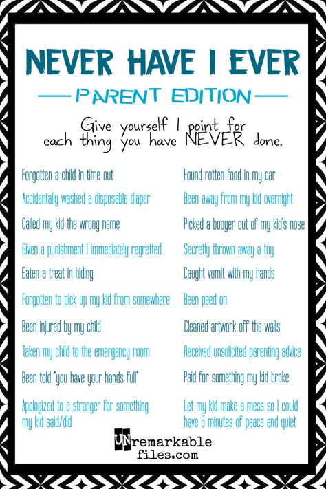 What was your score? I got a 1. Click for more "Never Have I Ever"s and see how you stack up.  {posted @ Unremarkable Files} Moms' Night Out, Games For Moms, Moms Night, Mom Group, Bad Moms, Never Never, Engagement Posts, Icebreakers, Virtual Baby Shower