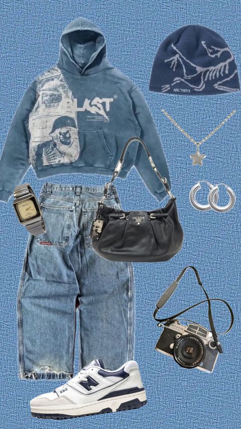 #blue #blueoutfit #ootd #outfitinspo #streetwear #streetwearstyle #outfit #outfitcollage Blue Y2k Outfit, Blue Y2k, Y2k Outfits, I Wish I Had, Dream Clothes, Blue And Black, Grunge Outfits, Ootd, Pants