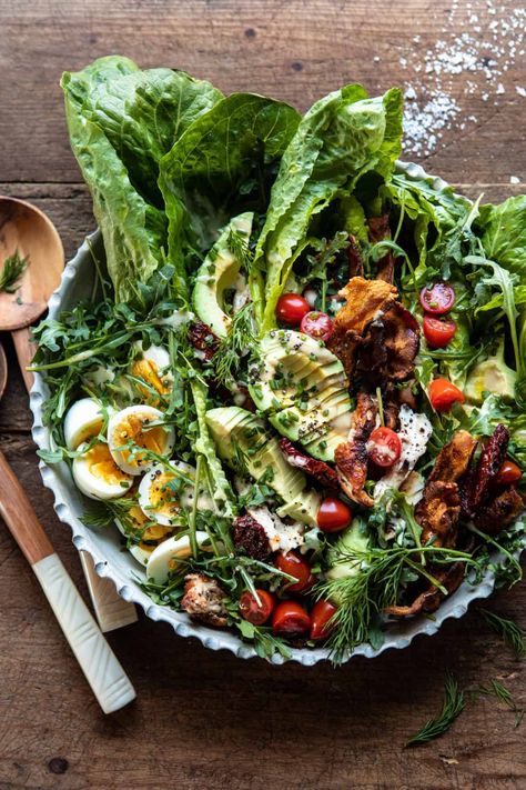 Sun-Dried Tomato Chicken and Avocado Cobb Salad with Tahini Ranch | halfbakedharvest.com #salad #easyrecipes #healthy #chickenrecipes Chicken Tahini, Bbq Chicken Cobb Salad, Tahini Ranch, Chicken And Avocado, Half Baked Harvest Recipes, Homemade Tahini, Tomato Chicken, Green Salad Recipes, Yummy Salads