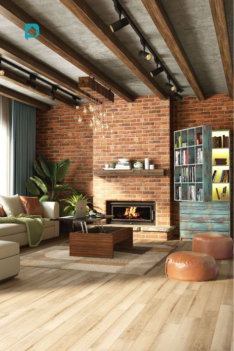 Top 20 Best Fireplace  Designs Ideas- Interior Ideas | Corner Designs | Design Cafe Fireplace Industrial Modern, Industrial Interior Design Living Room Exposed Brick Walls, Industrial Brick Fireplace, Red Brick Interior Design, Industrial Fireplace Ideas, Classy Fireplace, Red Brick Interior, Brick Interior Design, Industrial Fireplace