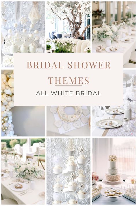 All white bridal shower theme. A very classy simple theme that will feel and look very elegant. White Themed Bridal Shower Decor, Bridal Shower Ideas White And Gold, White And Gold Bridal Shower Ideas, Bridal Shower Ideas Themed Elegant, All White Bridal Shower Ideas, Bridal Shower Theme Ideas Classy, White Bridal Shower Decorations, Classy Bridal Shower Ideas Decor, White Bridal Shower Decor