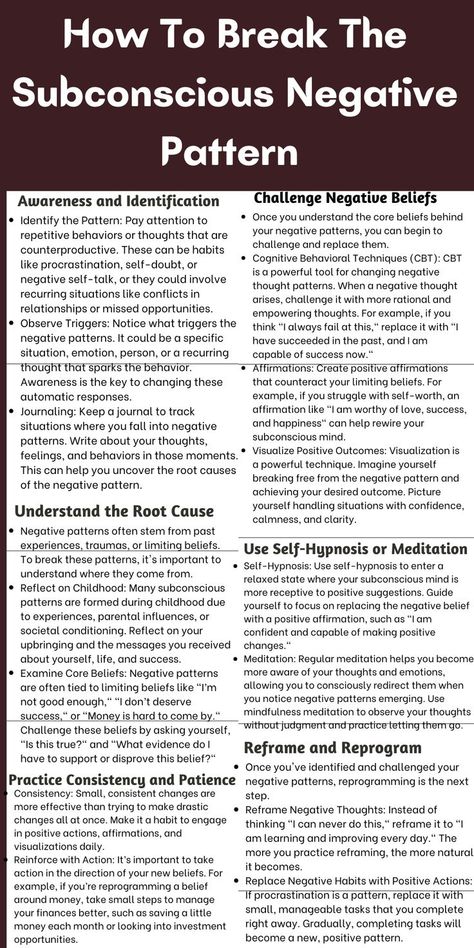 "Break free from subconscious negative patterns and unlock a life of positivity and growth. Discover practical techniques like mindfulness, affirmations, self-hypnosis, and cognitive reframing to identify and reprogram limiting beliefs. Transform your mindset, overcome self-sabotage, and create empowering habits that support your goals. Start rewriting your subconscious story today! #BreakNegativePatterns #SubconsciousMind #MindsetShift #PersonalGrowth #PositiveThinking #SelfImprovement" Cognitive Reframing, Motion Quotes, Processing Feelings, Negative Pattern, Positive Mind Set, Self Limiting Beliefs, Juice For Skin, Life Secrets, Learning Psychology