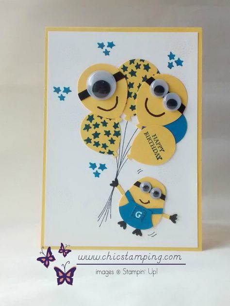 Minion happy birthday card with new Ballon Celebration stamp set from Stampin'Up! see more cards at www.chicstamping.com Cards For Boys Birthday, Minion Birthday Cards, Kids Birthday Cards Diy, Kids Birthday Card Ideas, Stampin Up Kids Birthday Cards, Kids Cards Handmade, Children Birthday Cards, Boy Birthday Cards, Minion Birthday Card