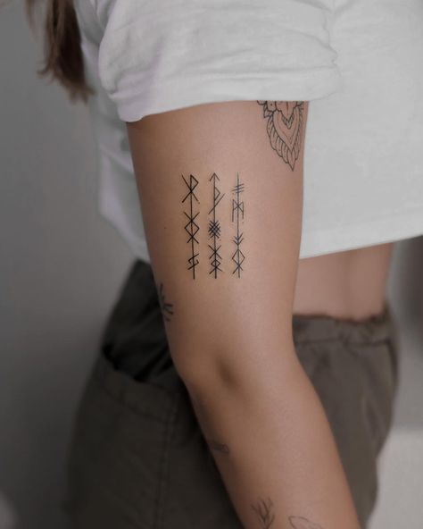 Ancient Runes Tattoo, Valhalla Rune Tattoo, Viking Tattoos And Meanings, Nordic Tattoo Meaning, Womens Viking Tattoos Beautiful, Viking Tattoo Design For Women, Fine Line Nordic Tattoo, Viking Heritage Tattoo, Norwegian Symbols And Meanings