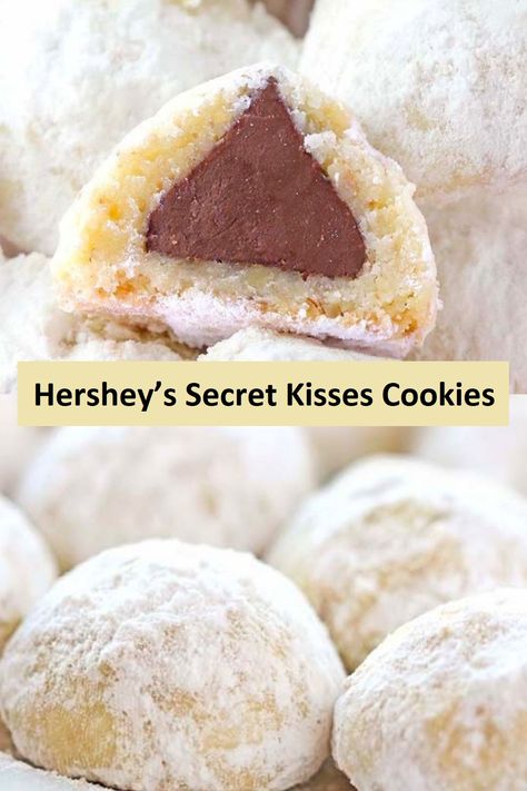 Hershey’s Secret Kisses Cookies Hersey Kiss Cookies, Secret Kiss Cookies, Hershey Kisses Recipes, Kisses Cookies, Baking For Christmas, Kiss Cookie Recipe, Chocolate Kiss Cookies, Hershey Kiss Cookies, Chocolate Surprise