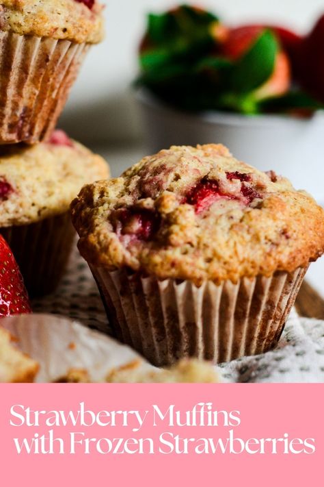 Easy and quick to make these muffins feature frozen strawberries - then you can make these at any time of year!! Yum!