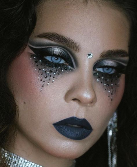 Makeup With Rhinestones, Glam Rock Makeup, Masquerade Makeup, Dance 2023, Rock Makeup, Holloween Makeup, Concert Makeup, Rhinestone Makeup, Witch Makeup