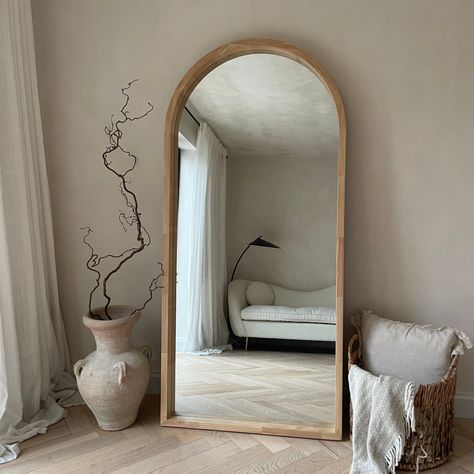 Large Bedroom Mirror, Large Mirrors, House Images, Floor Length Mirror, Dressing Room Closet, Natural Bedroom, Wooden Mirror Frame, Bungalow Renovation, Paulownia Wood