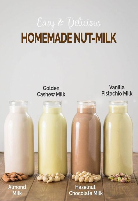 Easy Homemade Nut Milk And Nut Butter | Watch What U Eat Diy Nut Milk, Nut Milk Recipe, Pistachio Milk, Homemade Nut Milk, Oat Milk Recipe, Hazelnut Milk, Vegan Milk, Dairy Free Milk, Vegetable Drinks