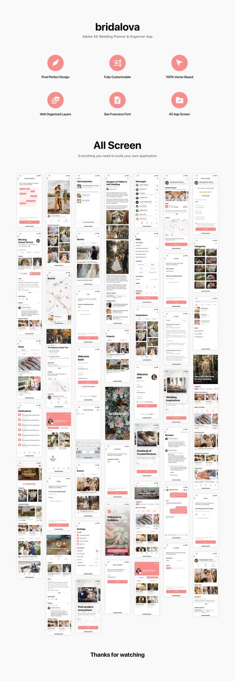 Bridalova - Adobe XD Wedding Planner & Organizer App Preview - ThemeForest Wedding Planner Website Design, Onboarding App, Cosmetic Web, Ux Trends, E Commerce App, Landing Page Ui Design, Wedding Planner Website, Wedding Planning Apps, Figma Design